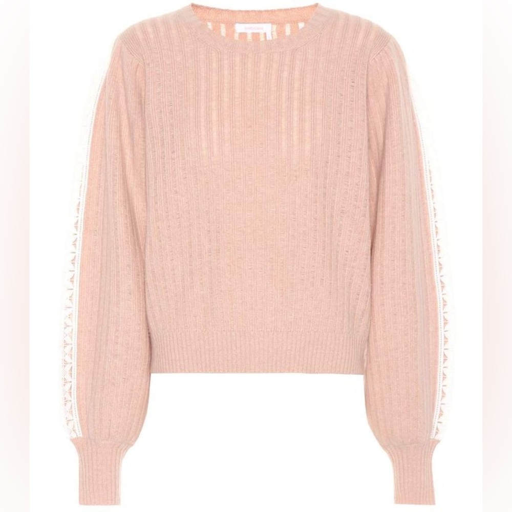 See by Chloe Wool Blend Knit Lace Sleeve Crewneck Sweater Cameo Rose Size M $325 - Picture 13 of 14